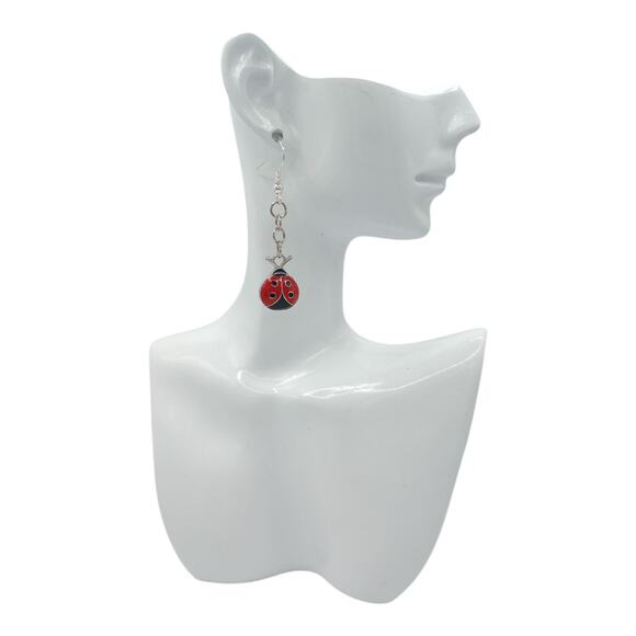 Ladybug Charm Dangle Earrings – Cute Red & Black Jewelry Lady Bug jewelry - Picture 3 of 4